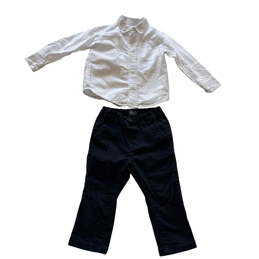 The Childrens Place Boys White Button Down Shirt Navy Pants Set 18 24 Months - Picture 1 of 7